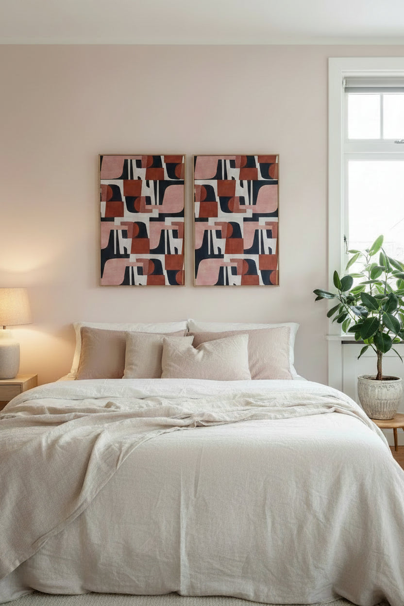 An abstract geometric wall art print featuring overlapping blocks and curved shapes in dusty pink, terracotta, white, and dark navy, framed in a light natural wood frame and hung on a warm off-white wall.
