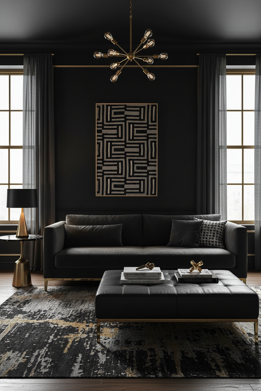 Noir Deco black velvet and gold geometric handmade textile wall art