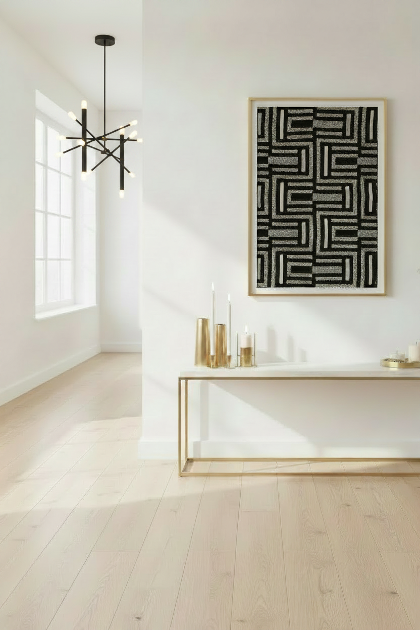 A framed black and white geometric art print hangs on a white wall above a white console table with gold metal legs in a bright, modern room with light wood floors.