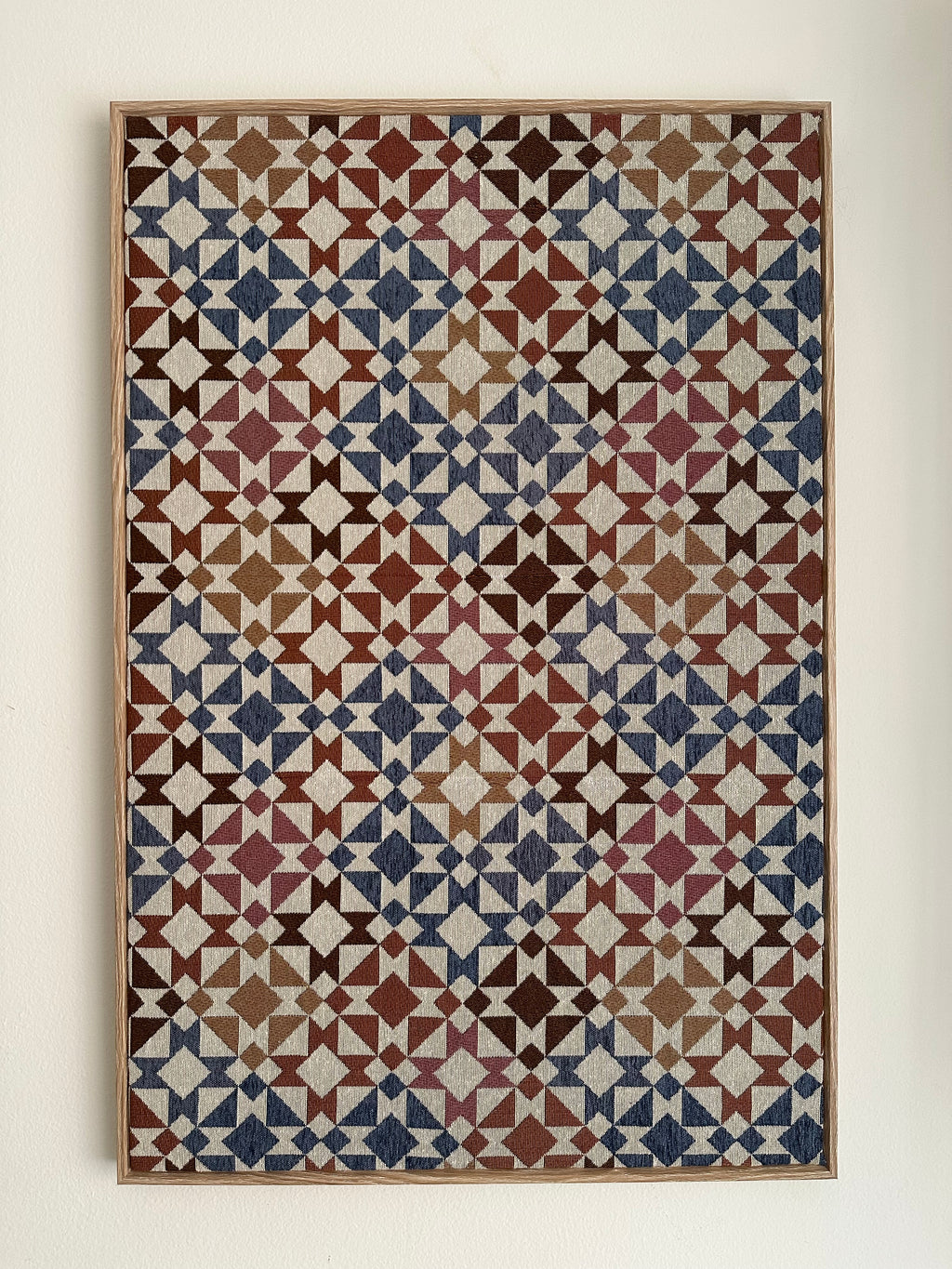 Kaleido Cubes blue pink mustard and rust overlapping cube handmade textile wall art