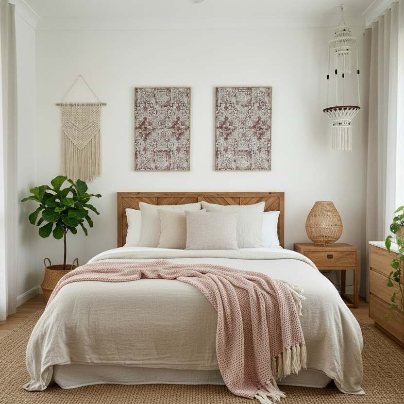 Neatly made bed in a bedroom with decor elements.