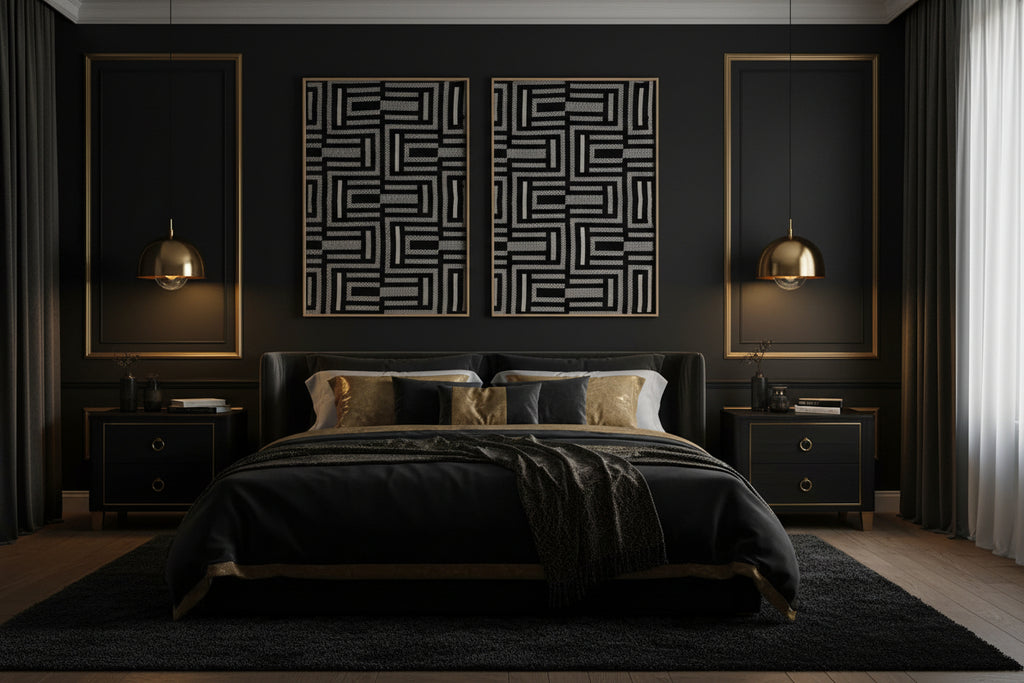 Noir Deco black velvet and gold geometric handmade textile wall art