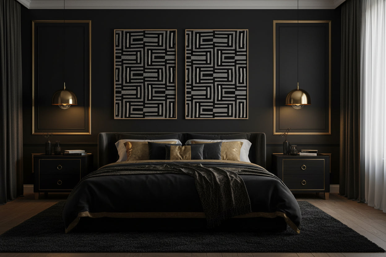 Noir Deco black velvet and gold geometric handmade textile wall art
