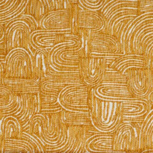 A close-up of a textured fabric or wallpaper pattern featuring abstract, hand-drawn wavy lines in a mustard yellow and cream color scheme.
