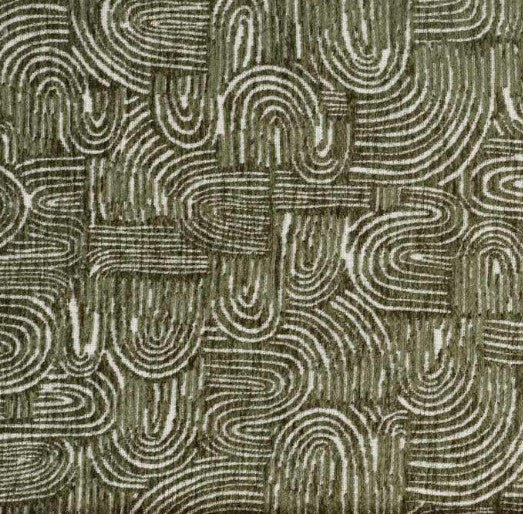 A close-up of a woven fabric or wallpaper pattern featuring abstract, organic wavy lines in olive green and off-white.