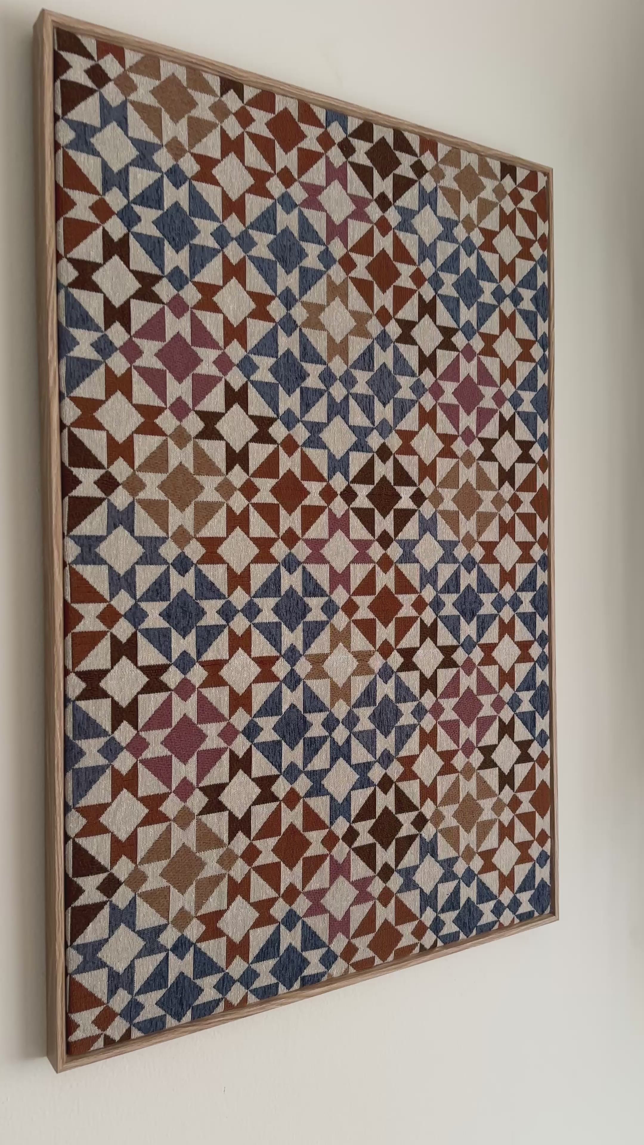 Kaleido Cubes blue pink mustard and rust overlapping cube handmade textile wall art