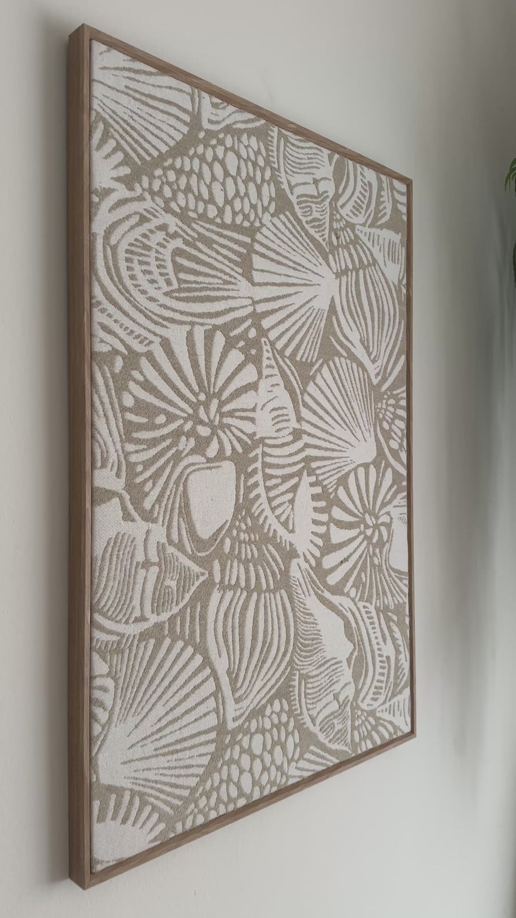 Neutral Dune coastal beige textile wall art with white shell detail