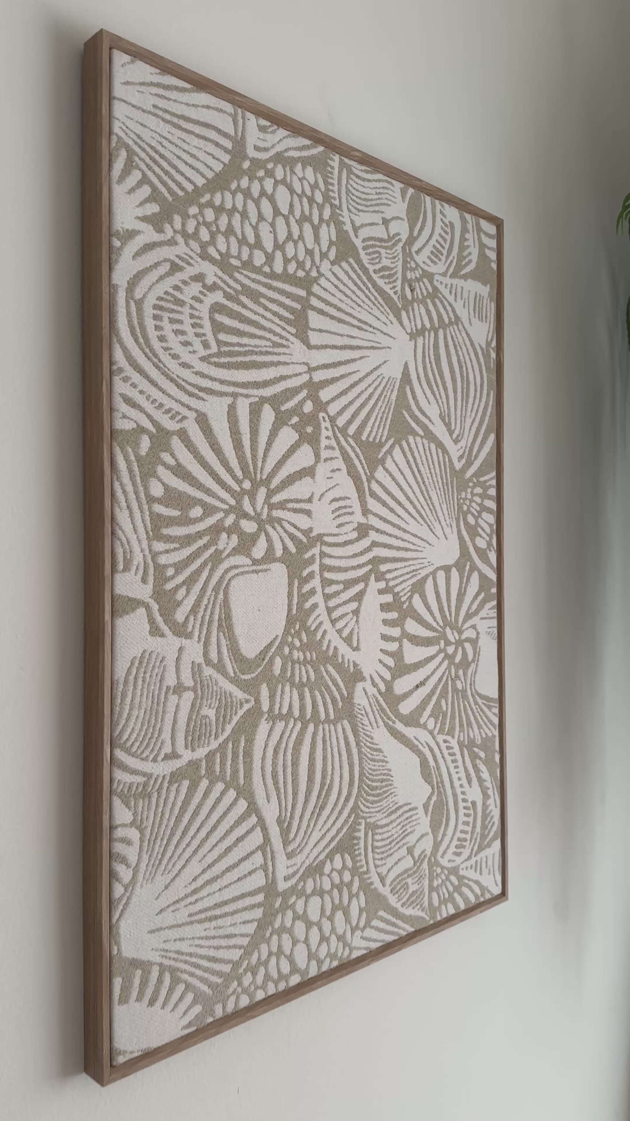 Neutral Dune coastal beige textile wall art with white shell detail